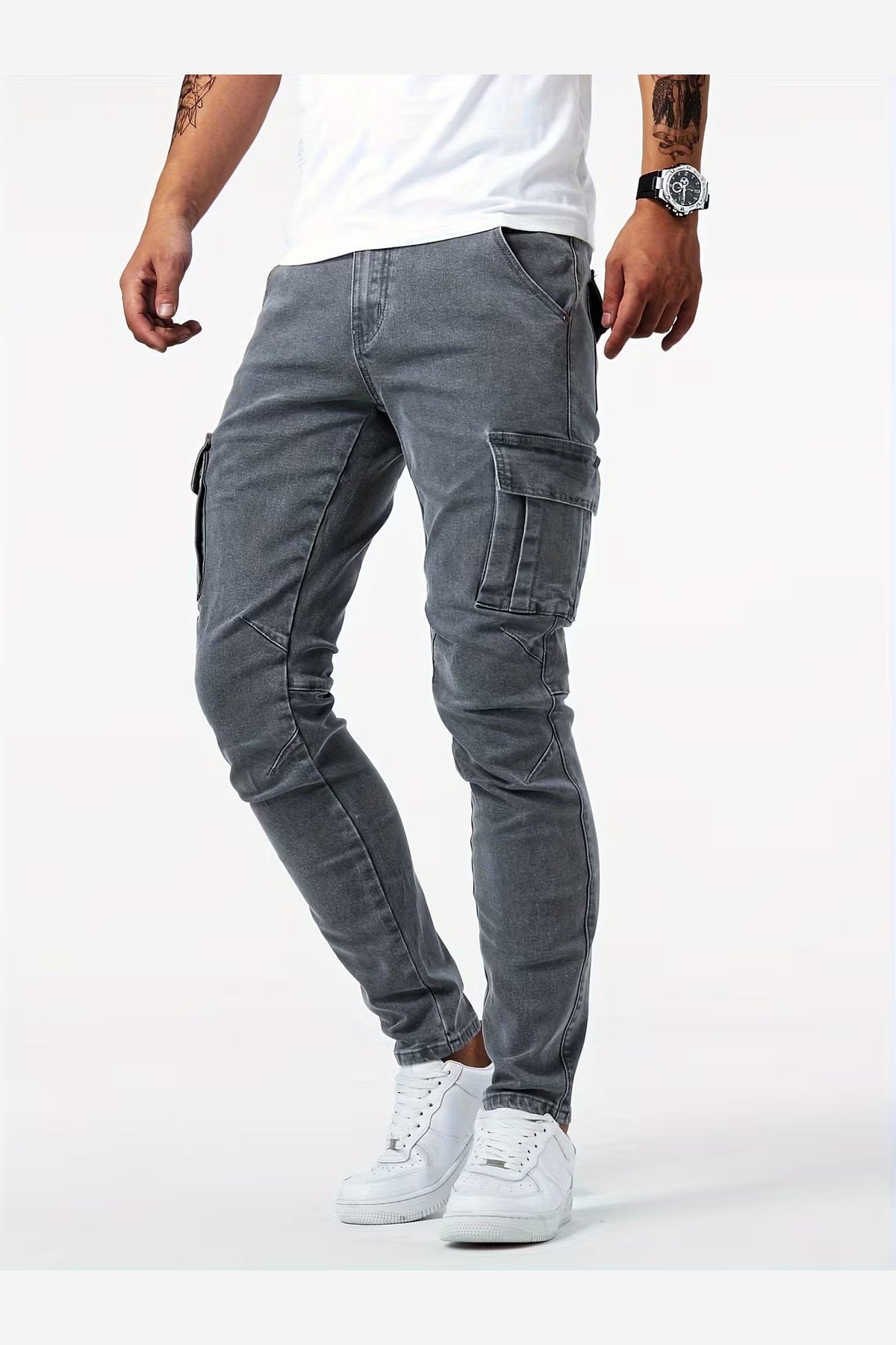 Men's Stretch Denim Cargo Trousers – Slim Fit Multi Pocket