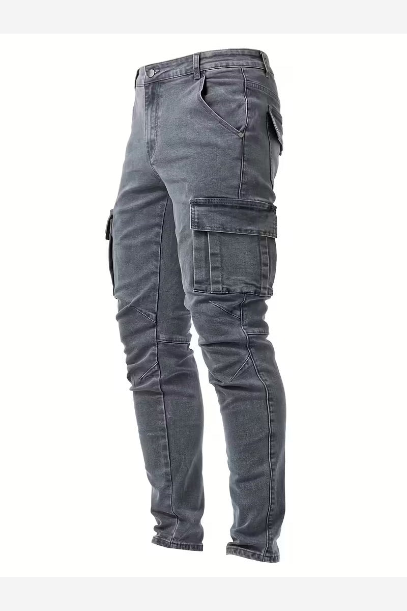 Men's Stretch Denim Cargo Trousers – Slim Fit Multi Pocket