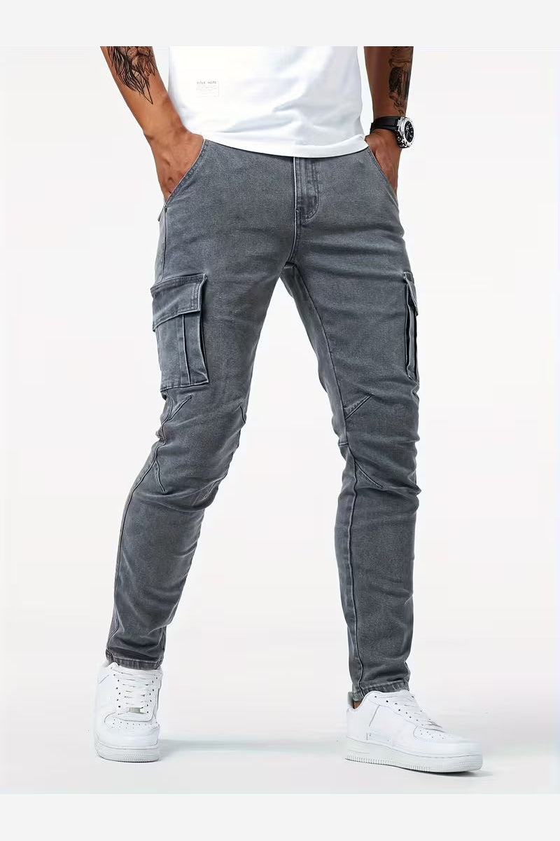 Men's Stretch Denim Cargo Trousers – Slim Fit Multi Pocket