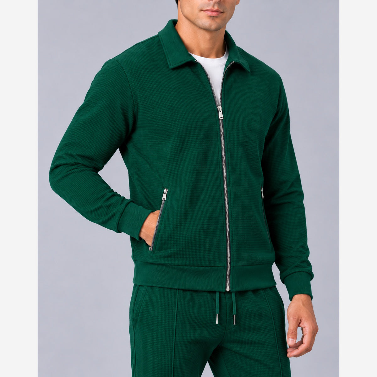 Men's Waffle Knit Tracksuit – Slim Fit Zip Jacket & Joggers
