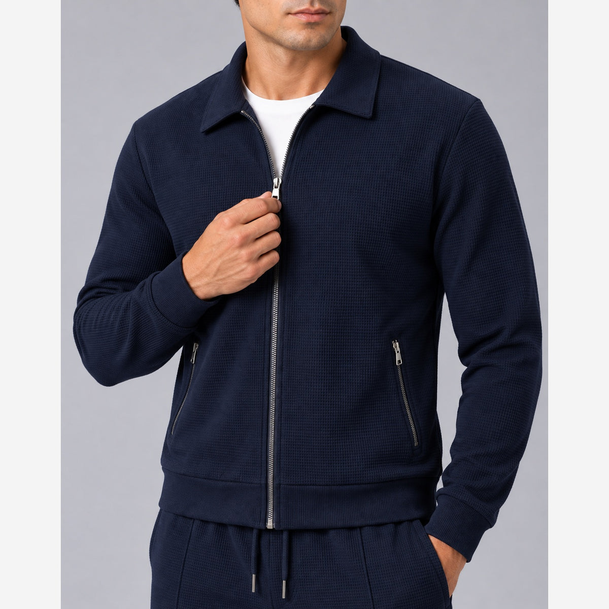 Men's Waffle Knit Tracksuit – Slim Fit Zip Jacket & Joggers