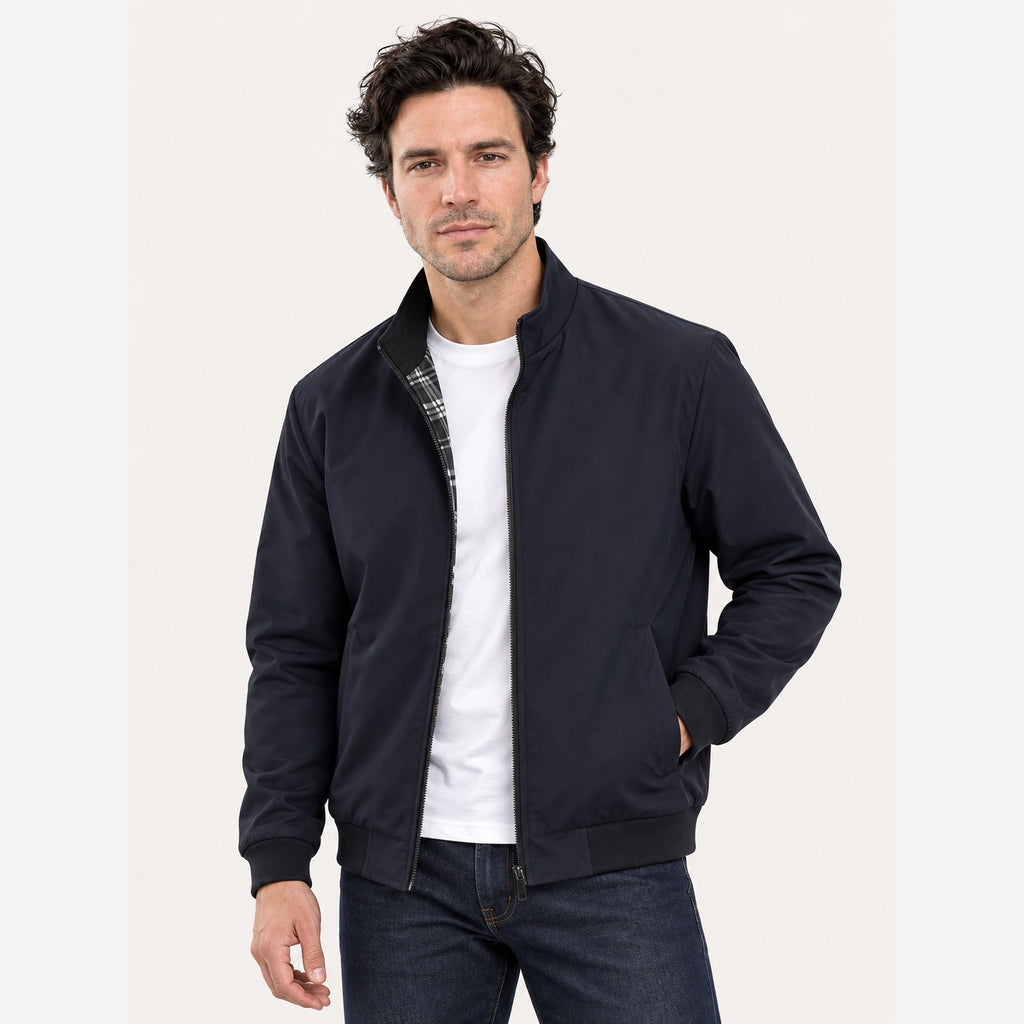 Men's Navy Harrington Jacket – Check Lining Regular Fit