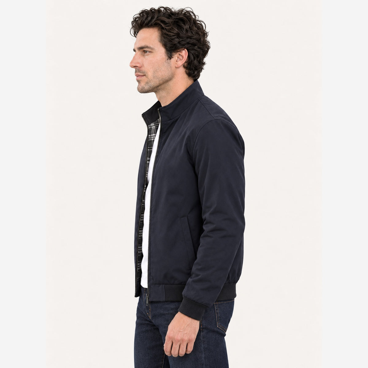 Men's Navy Harrington Jacket – Check Lining Regular Fit