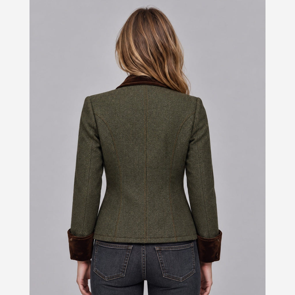 Women's Green Herringbone Tweed Jacket – Quilted Button Front
