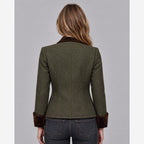 Women's Green Herringbone Tweed Jacket – Quilted Button Front