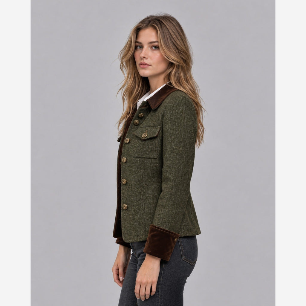 Women's Green Herringbone Tweed Jacket – Quilted Button Front