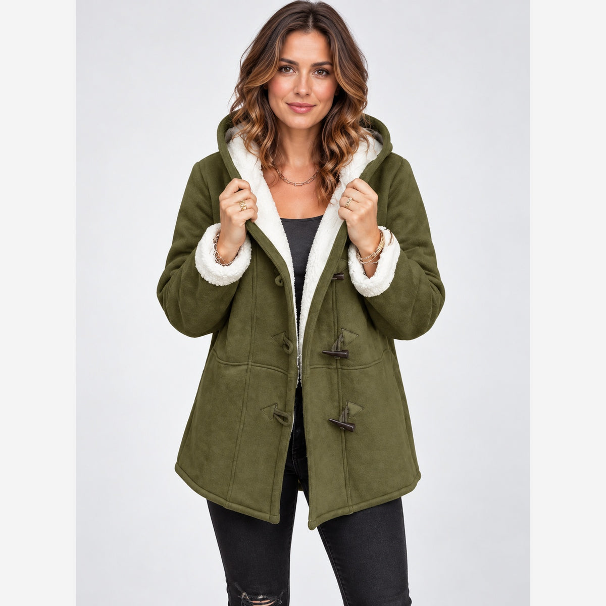 Women's Hooded Duffle Coat – Toggle Fastening Fleece Lined