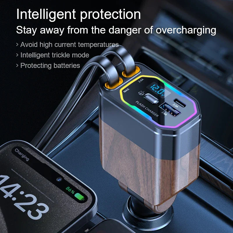 120W 4-in-1 Retractable Car Charger – Fast Charging USB-C & USB