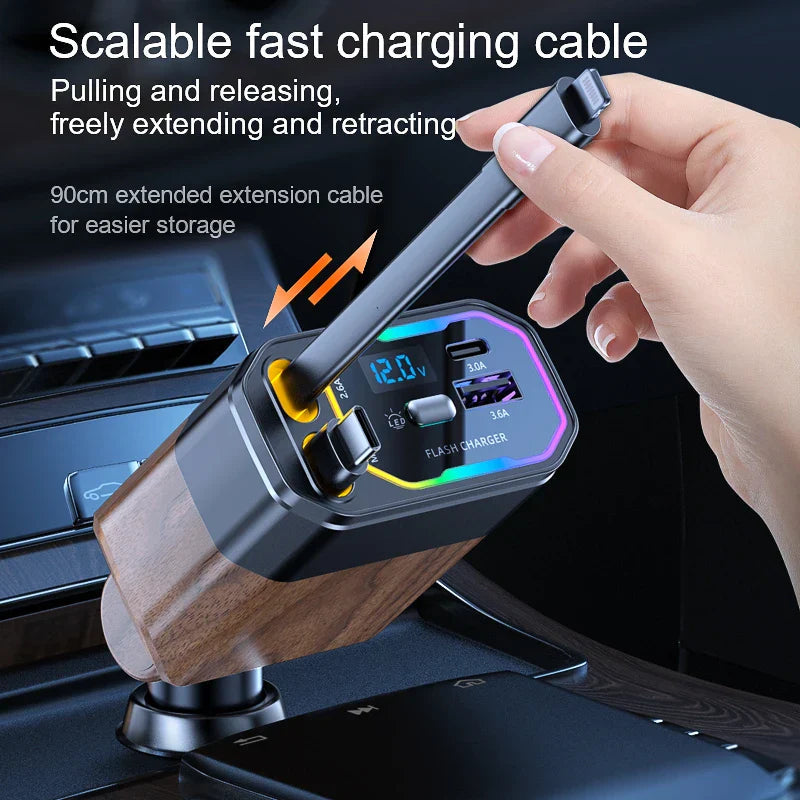 120W 4-in-1 Retractable Car Charger – Fast Charging USB-C & USB