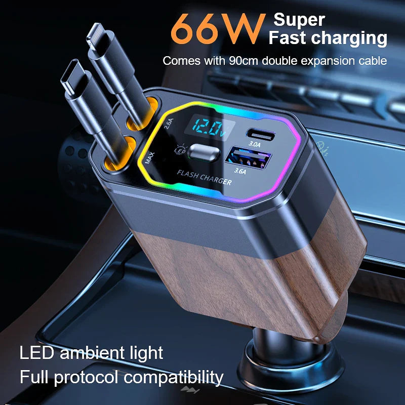 120W 4-in-1 Retractable Car Charger – Fast Charging USB-C & USB