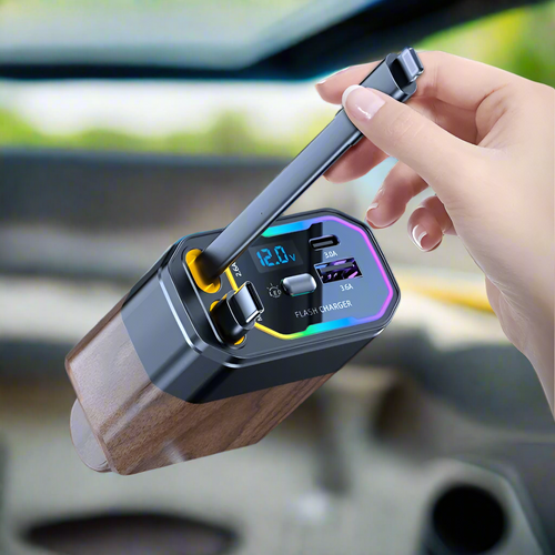 120W 4-in-1 Retractable Car Charger – Fast Charging USB-C & USB
