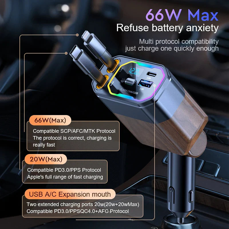 120W 4-in-1 Retractable Car Charger – Fast Charging USB-C & USB