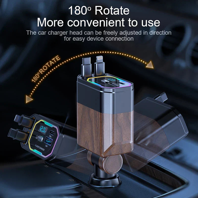 120W 4-in-1 Retractable Car Charger – Fast Charging USB-C & USB