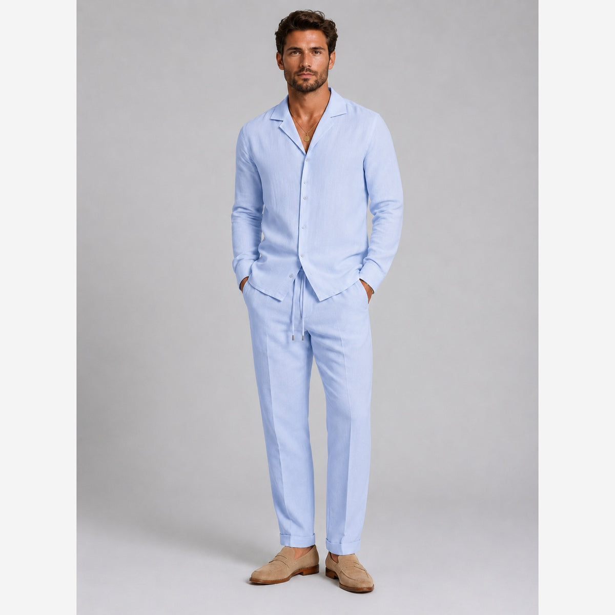 Men's Linen Co-Ord Set – Long Sleeve Shirt & Straight Leg Trousers