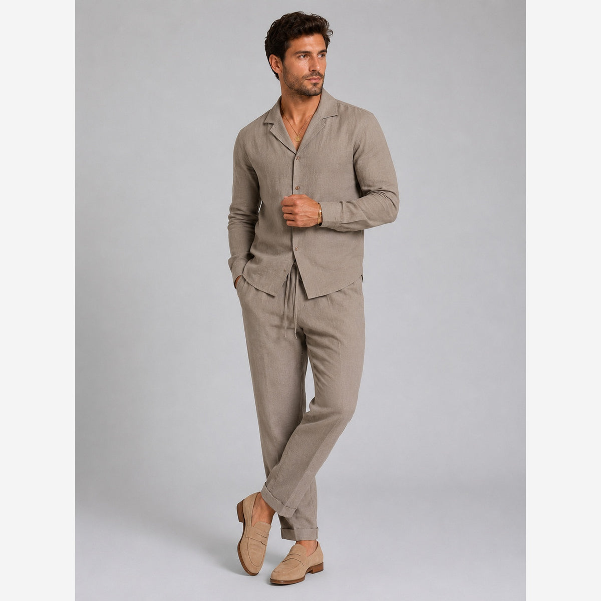 Men's Linen Co-Ord Set – Long Sleeve Shirt & Straight Leg Trousers