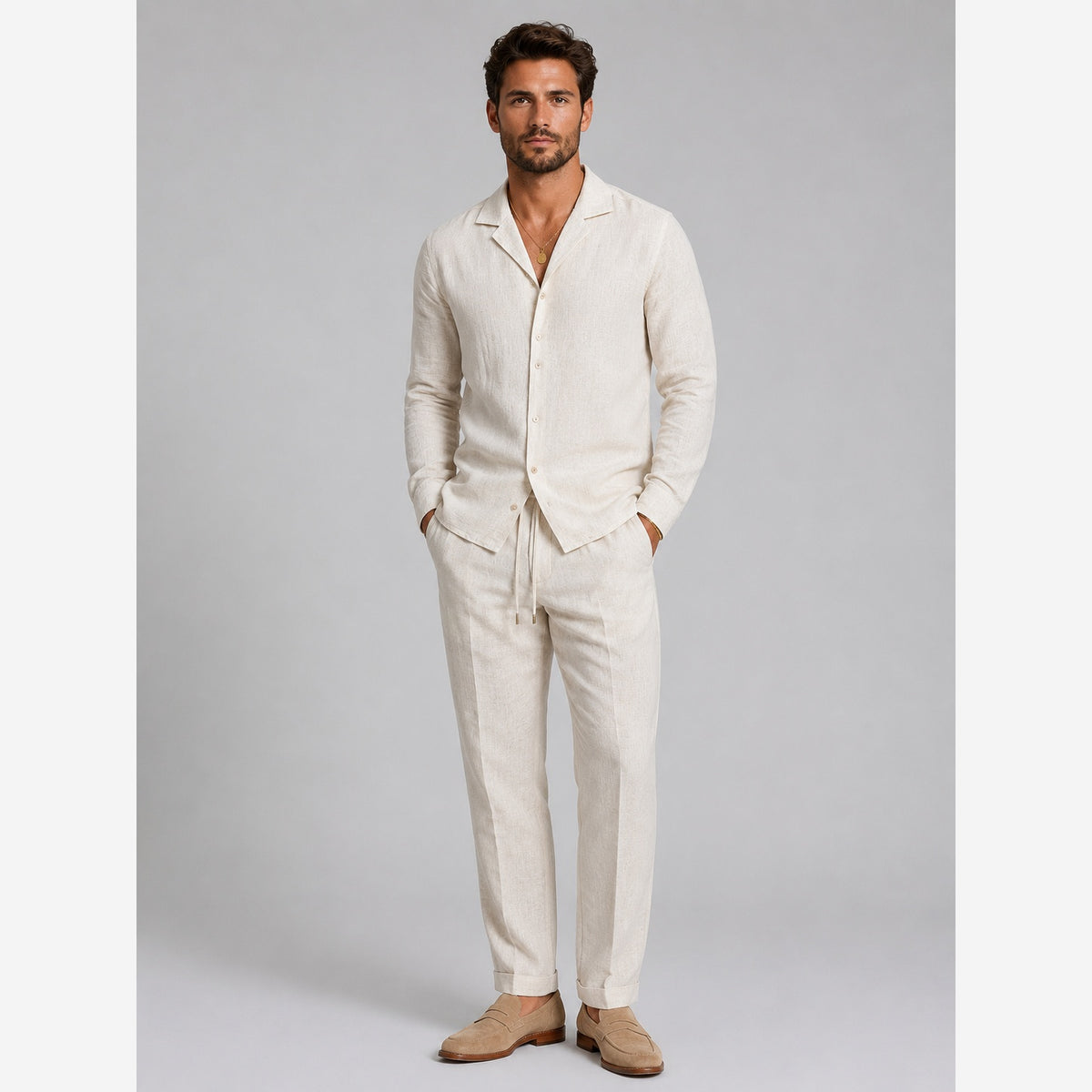 Men's Linen Co-Ord Set – Long Sleeve Shirt & Straight Leg Trousers
