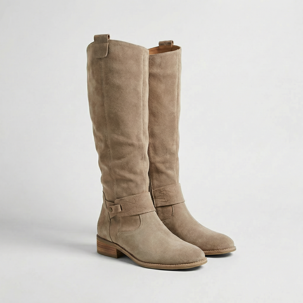 Women's Knee High Boots – Suede Look Slouch Fit Low Heel