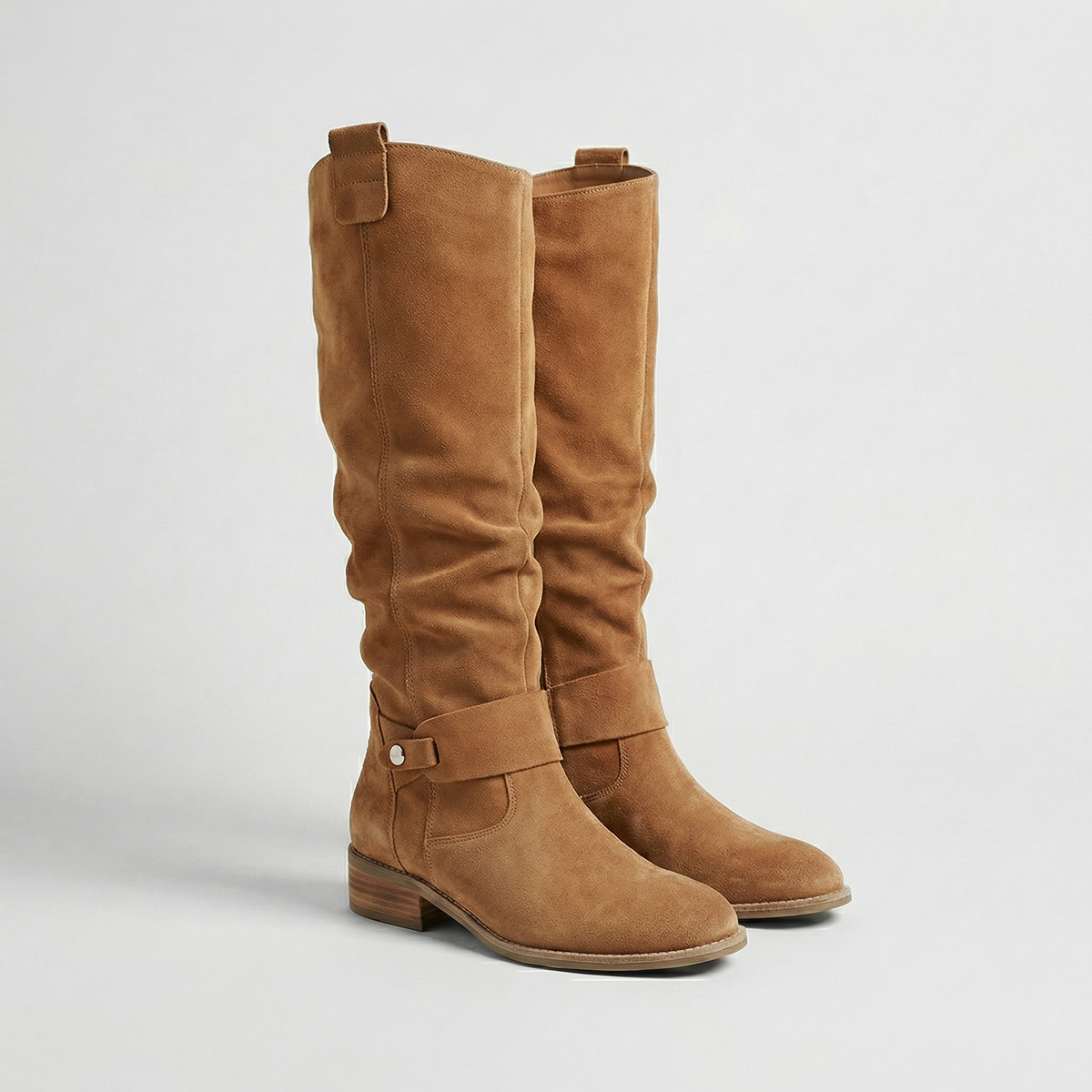 Women's Knee High Boots – Suede Look Slouch Fit Low Heel