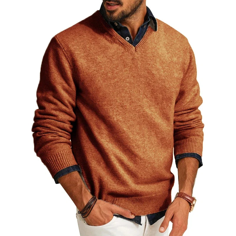 Men's V-Neck Wool Blend Jumper – Slim Fit Long Sleeve