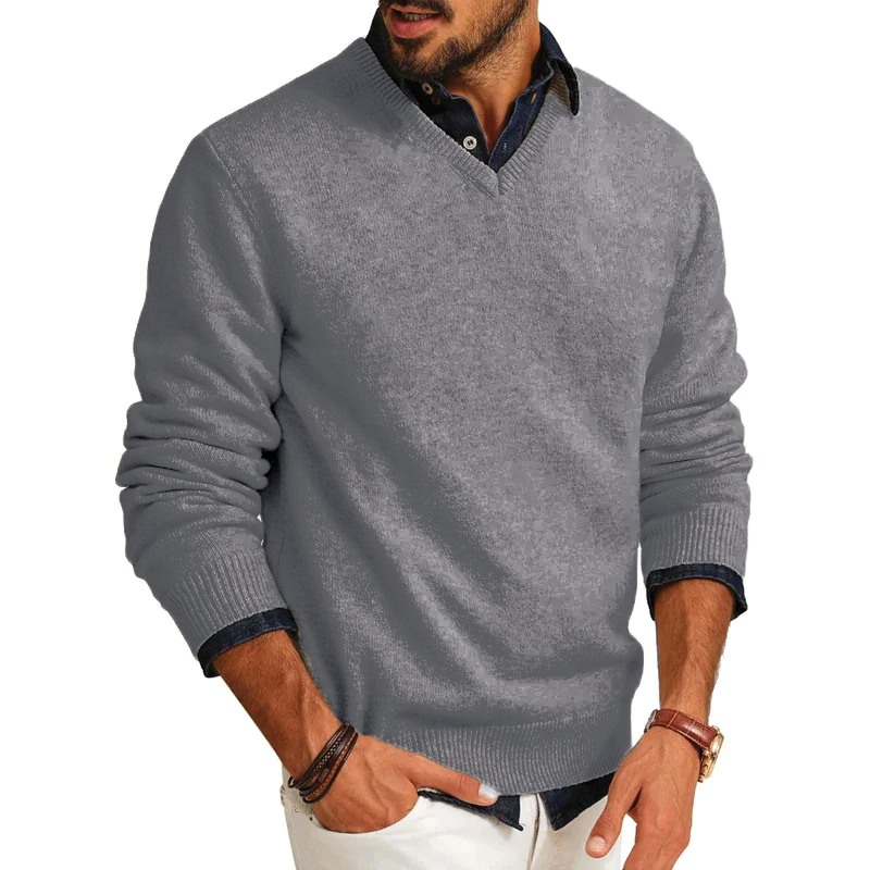 Men's V-Neck Wool Blend Jumper – Slim Fit Long Sleeve