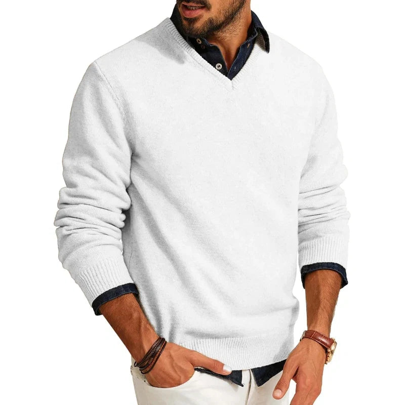 Men's V-Neck Wool Blend Jumper – Slim Fit Long Sleeve