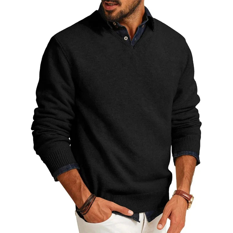 Men's V-Neck Wool Blend Jumper – Slim Fit Long Sleeve