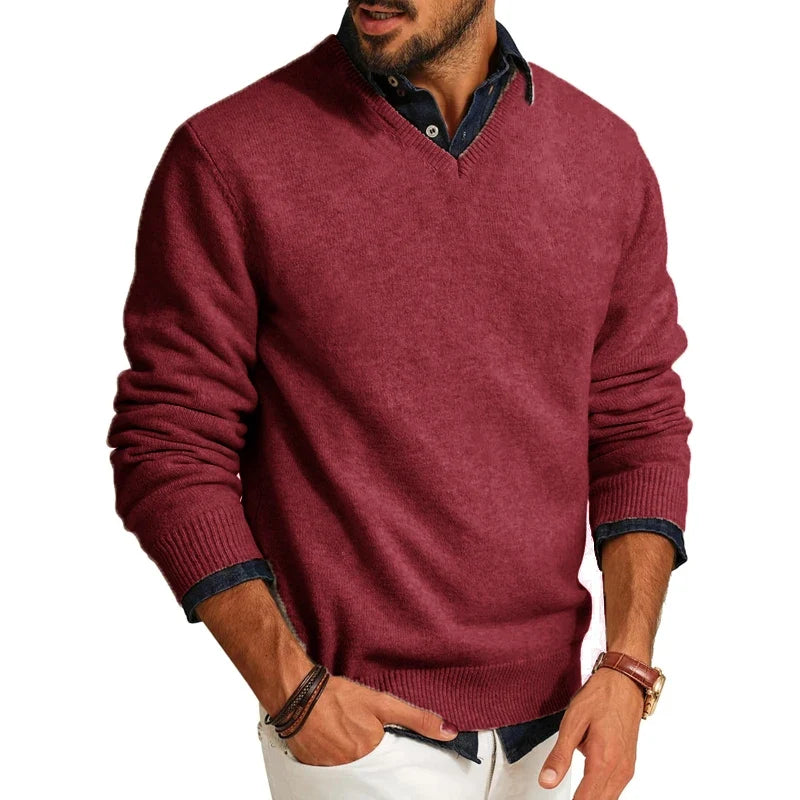 Men's V-Neck Wool Blend Jumper – Slim Fit Long Sleeve