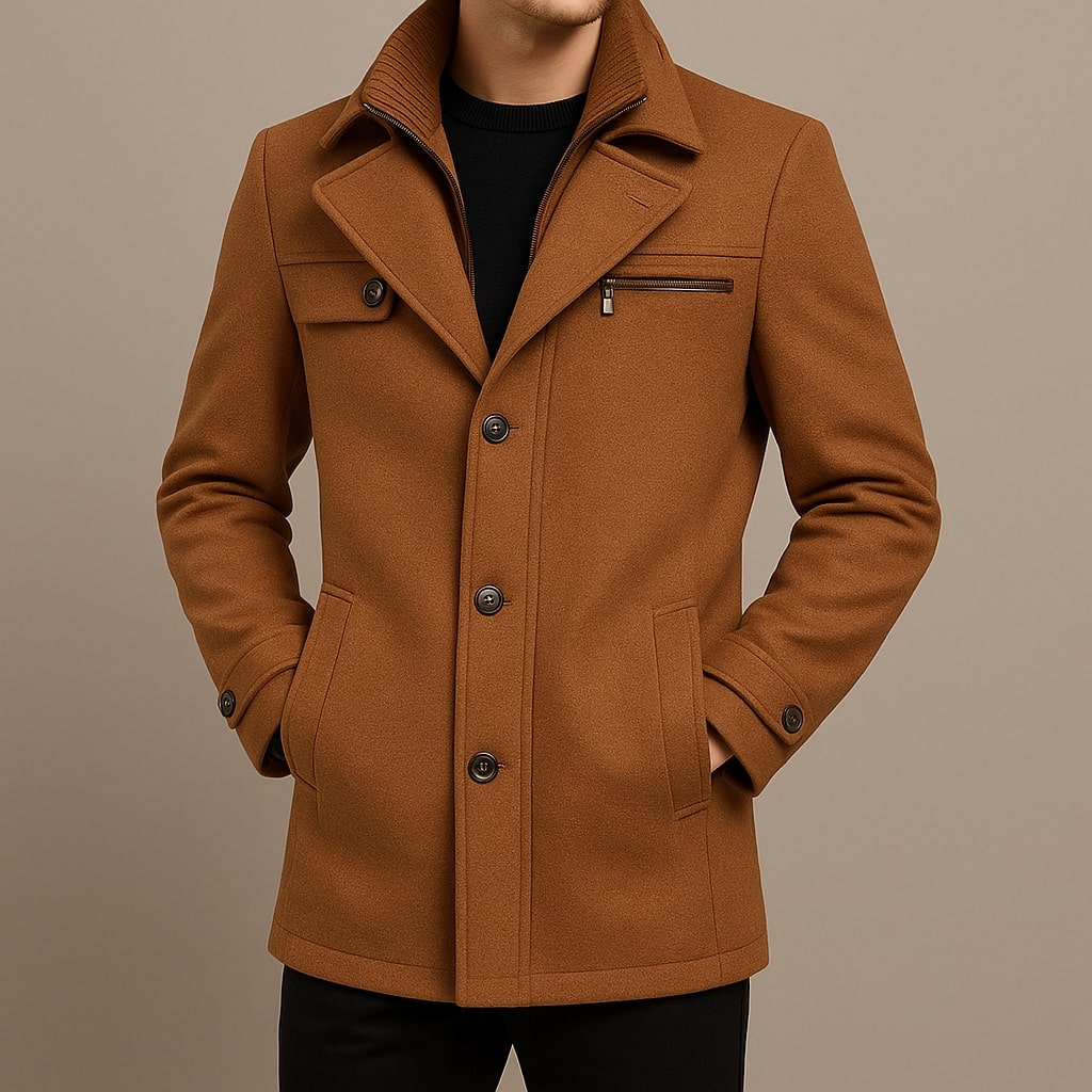 Men's Wool Blend Overcoat – Tailored Fit Layered Zip Front