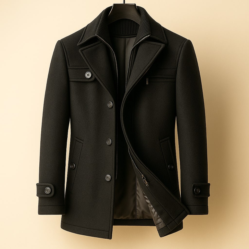 Men's Wool Blend Overcoat – Tailored Fit Layered Zip Front