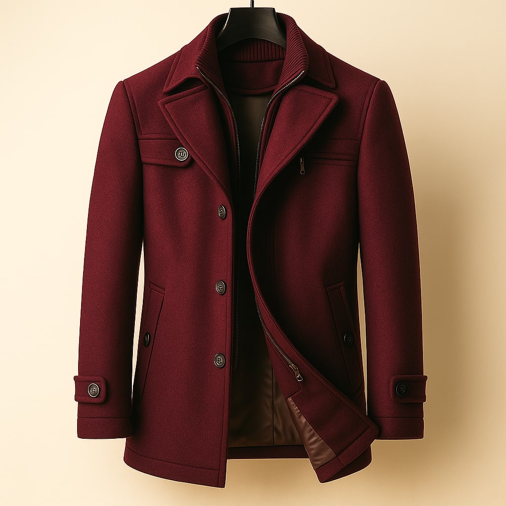 Men's Wool Blend Overcoat – Tailored Fit Layered Zip Front