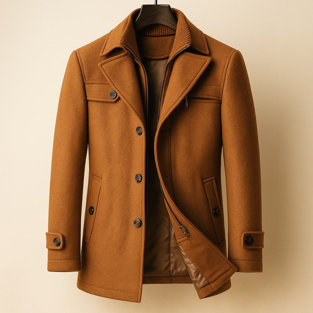 Men's Wool Blend Overcoat – Tailored Fit Layered Zip Front