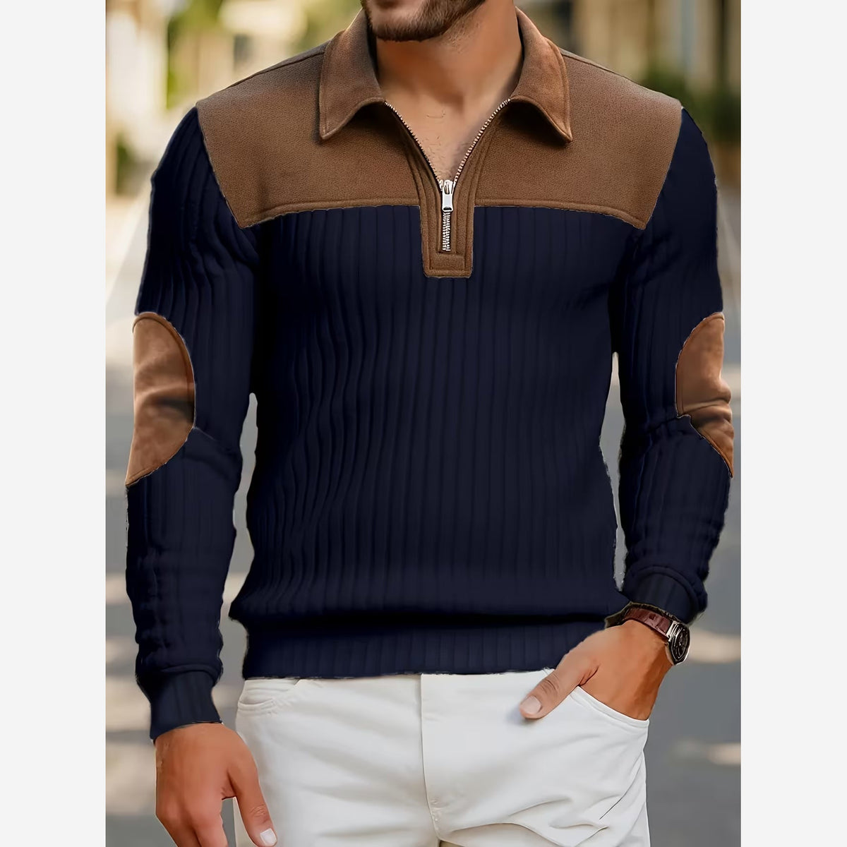 Men's Quarter Zip Jumper – Ribbed Knit Contrast Collar