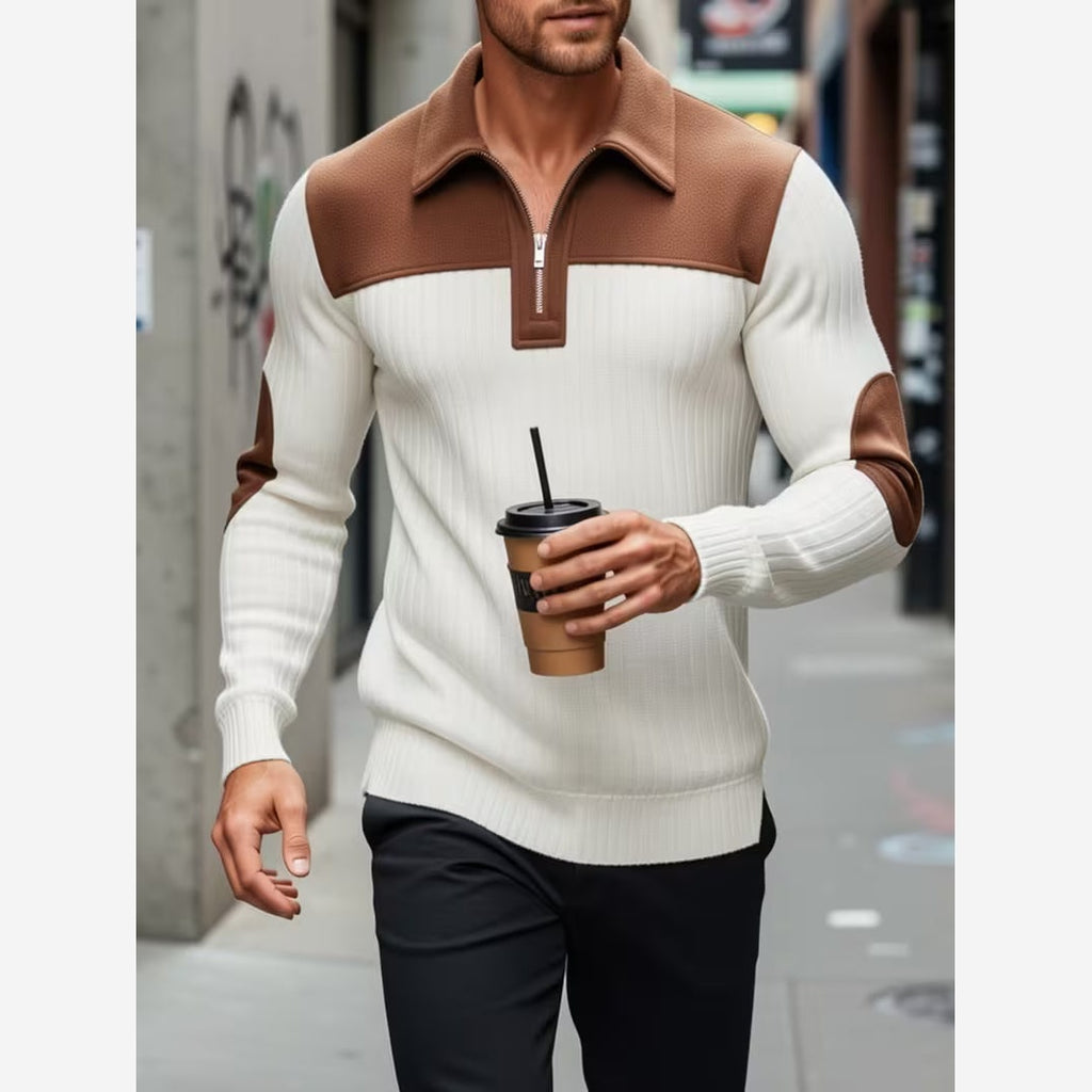 Men's Quarter Zip Jumper – Ribbed Knit Contrast Collar