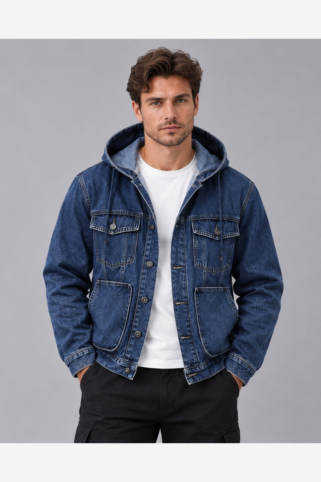 Men's Hooded Denim Jacket – Relaxed Fit Button Front