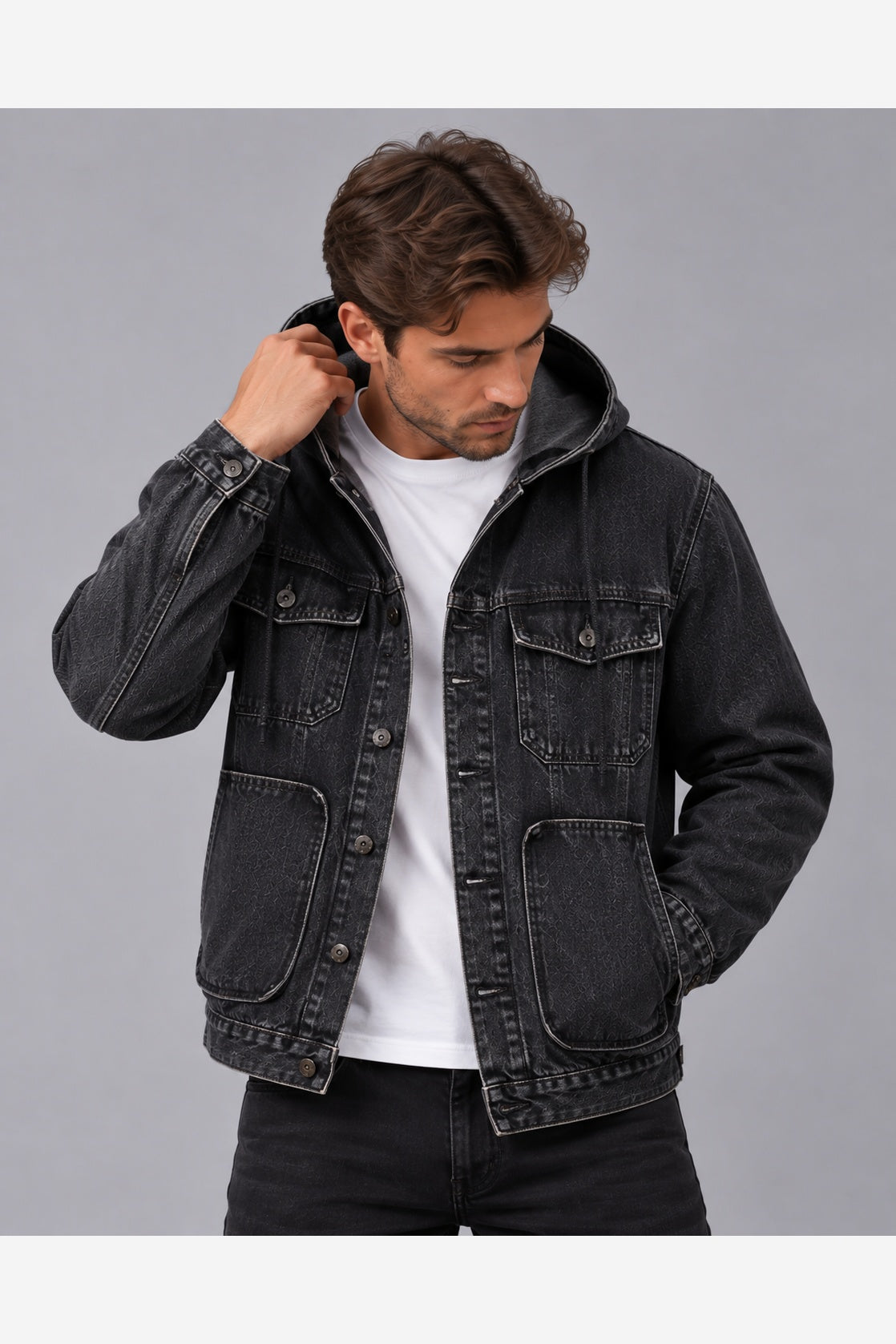 Men's Hooded Denim Jacket – Relaxed Fit Button Front