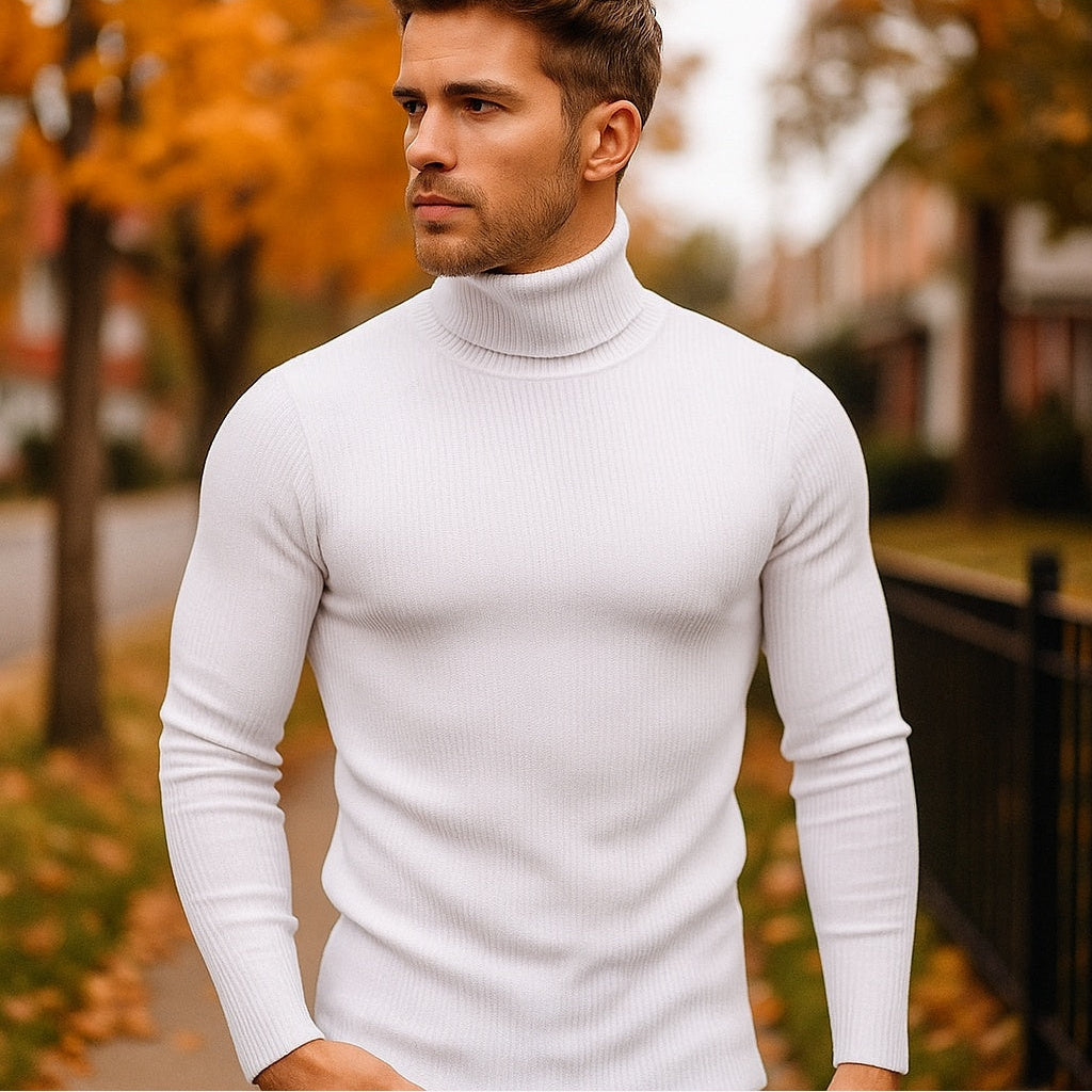 Men's Wool Roll Neck Jumper – Ribbed Knit Slim Fit
