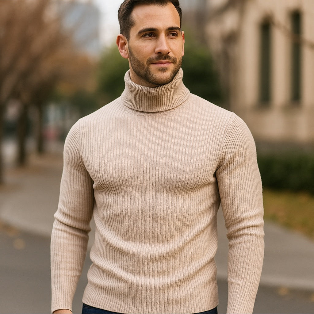Men's Wool Roll Neck Jumper – Ribbed Knit Slim Fit