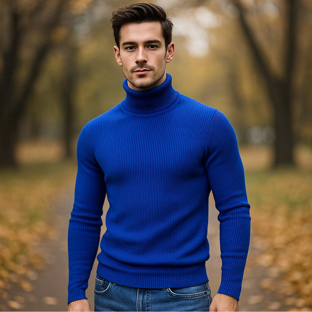 Men's Wool Roll Neck Jumper – Ribbed Knit Slim Fit