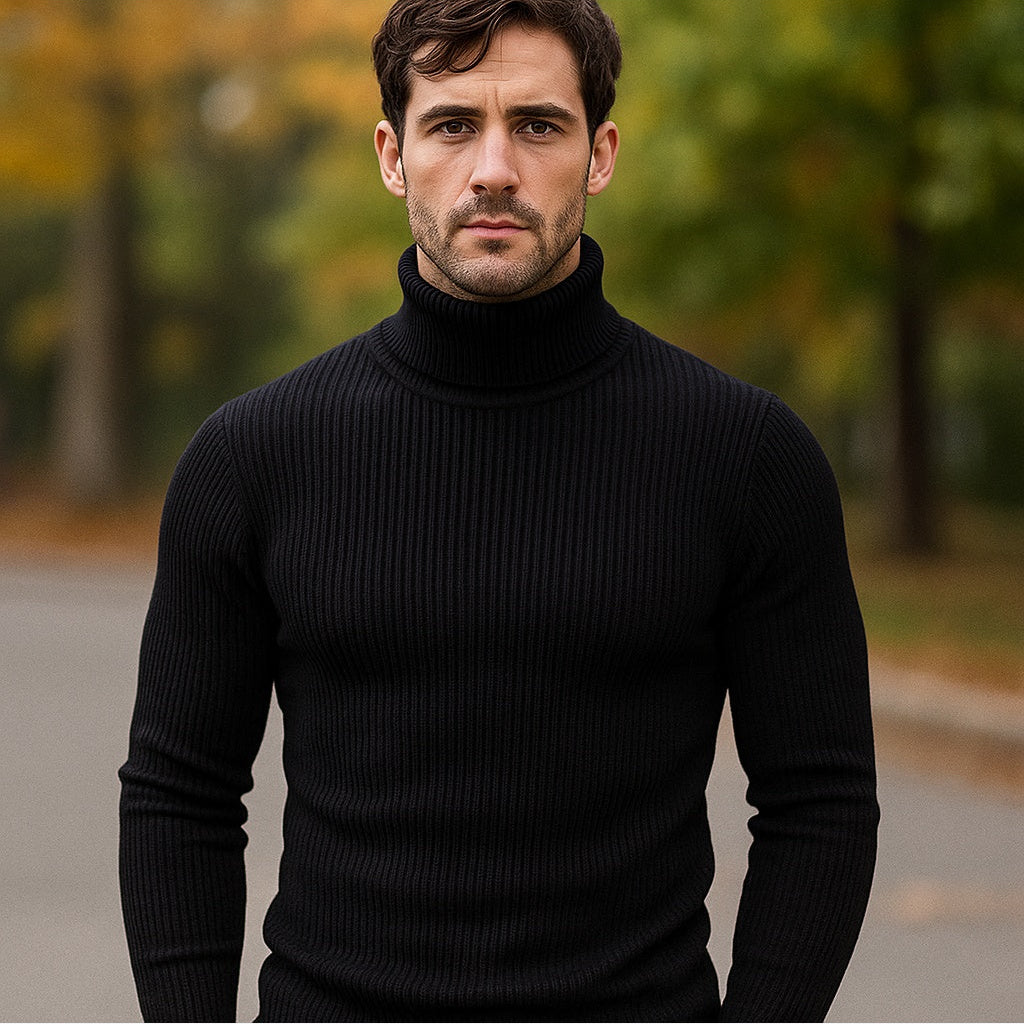 Men's Wool Roll Neck Jumper – Ribbed Knit Slim Fit