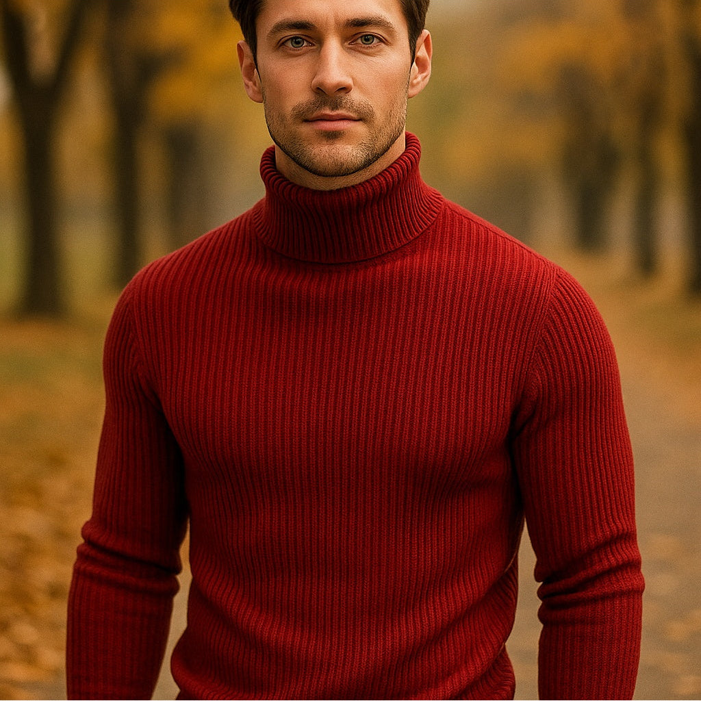 Men's Wool Roll Neck Jumper – Ribbed Knit Slim Fit