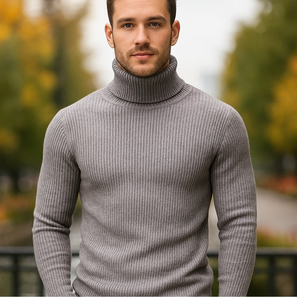 Men's Wool Roll Neck Jumper – Ribbed Knit Slim Fit