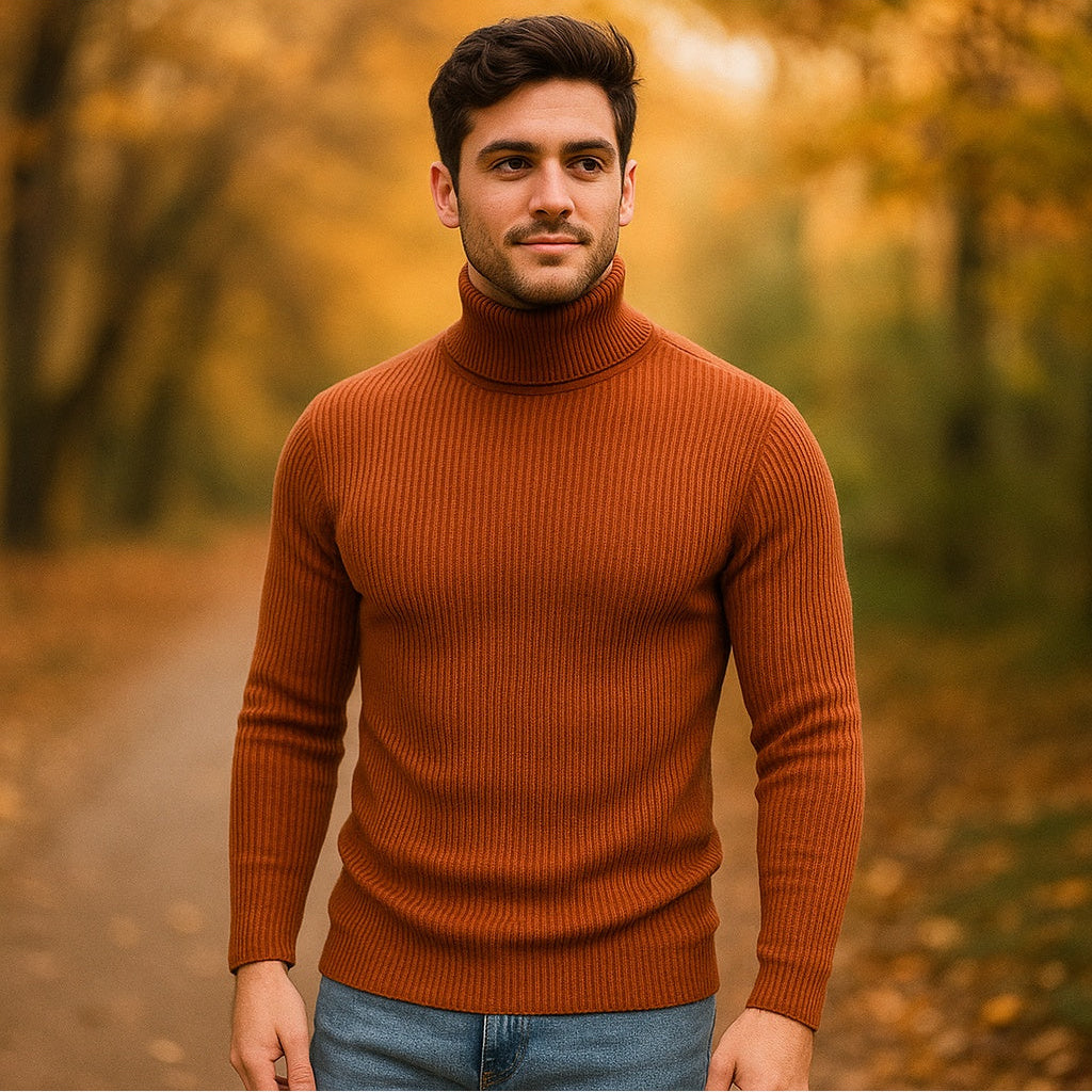 Men's Wool Roll Neck Jumper – Ribbed Knit Slim Fit