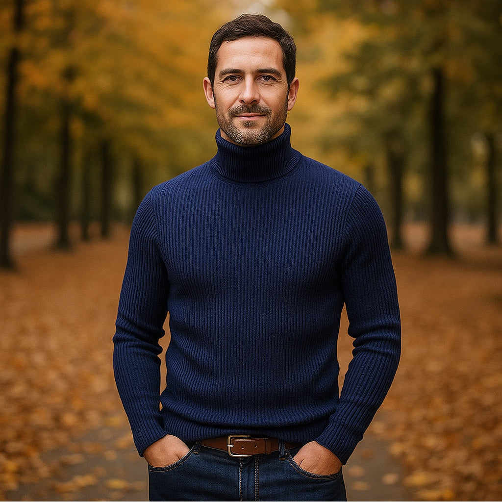 Men's Wool Roll Neck Jumper – Ribbed Knit Slim Fit