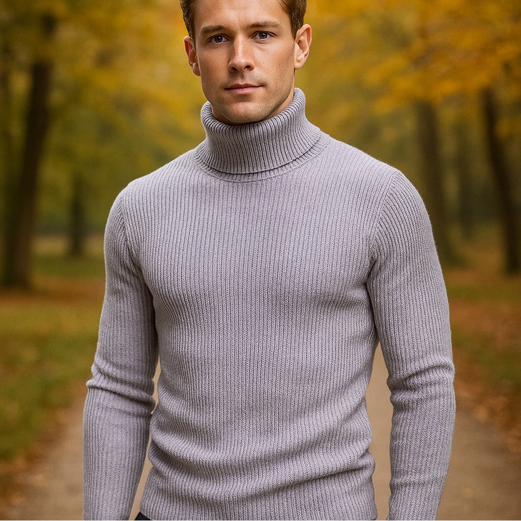 Men's Wool Roll Neck Jumper – Ribbed Knit Slim Fit