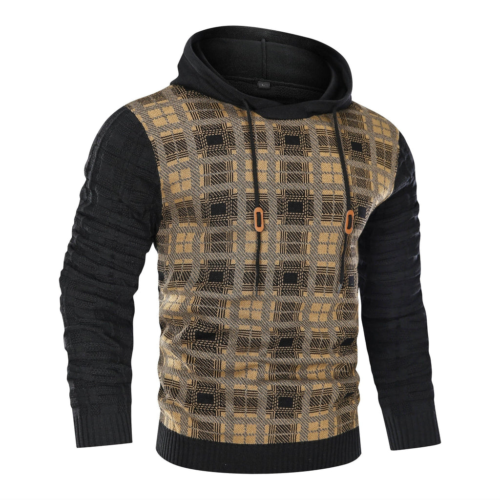 Men's Textured Knit Hoodie – Check Pattern Drawstring Hood