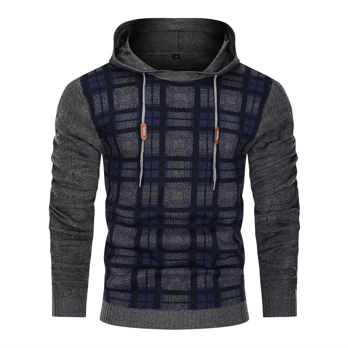 Men's Textured Knit Hoodie – Check Pattern Drawstring Hood