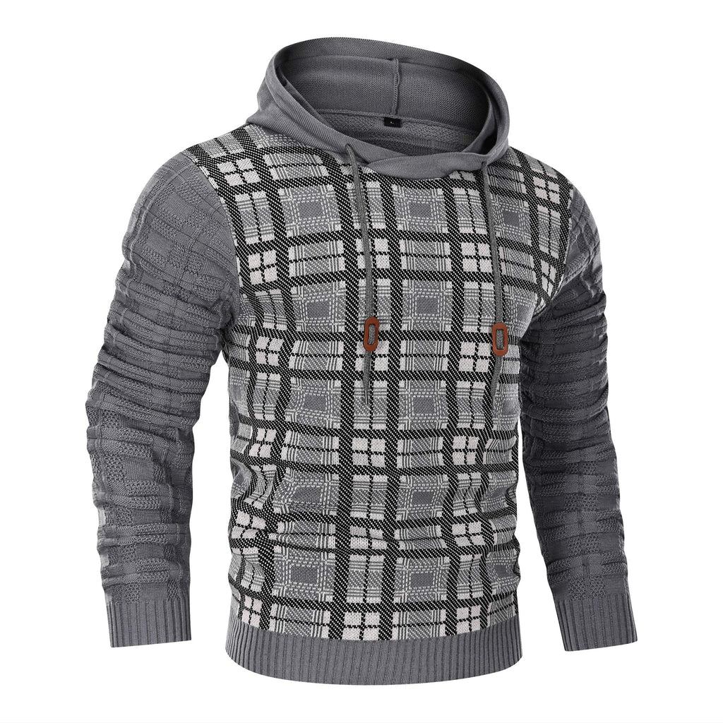 Men's Textured Knit Hoodie – Check Pattern Drawstring Hood