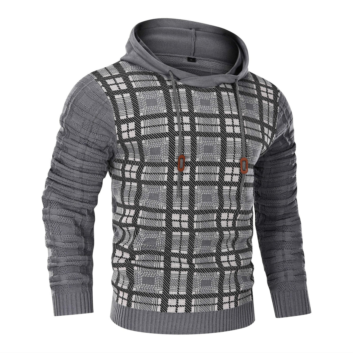 Men's Textured Knit Hoodie – Check Pattern Drawstring Hood