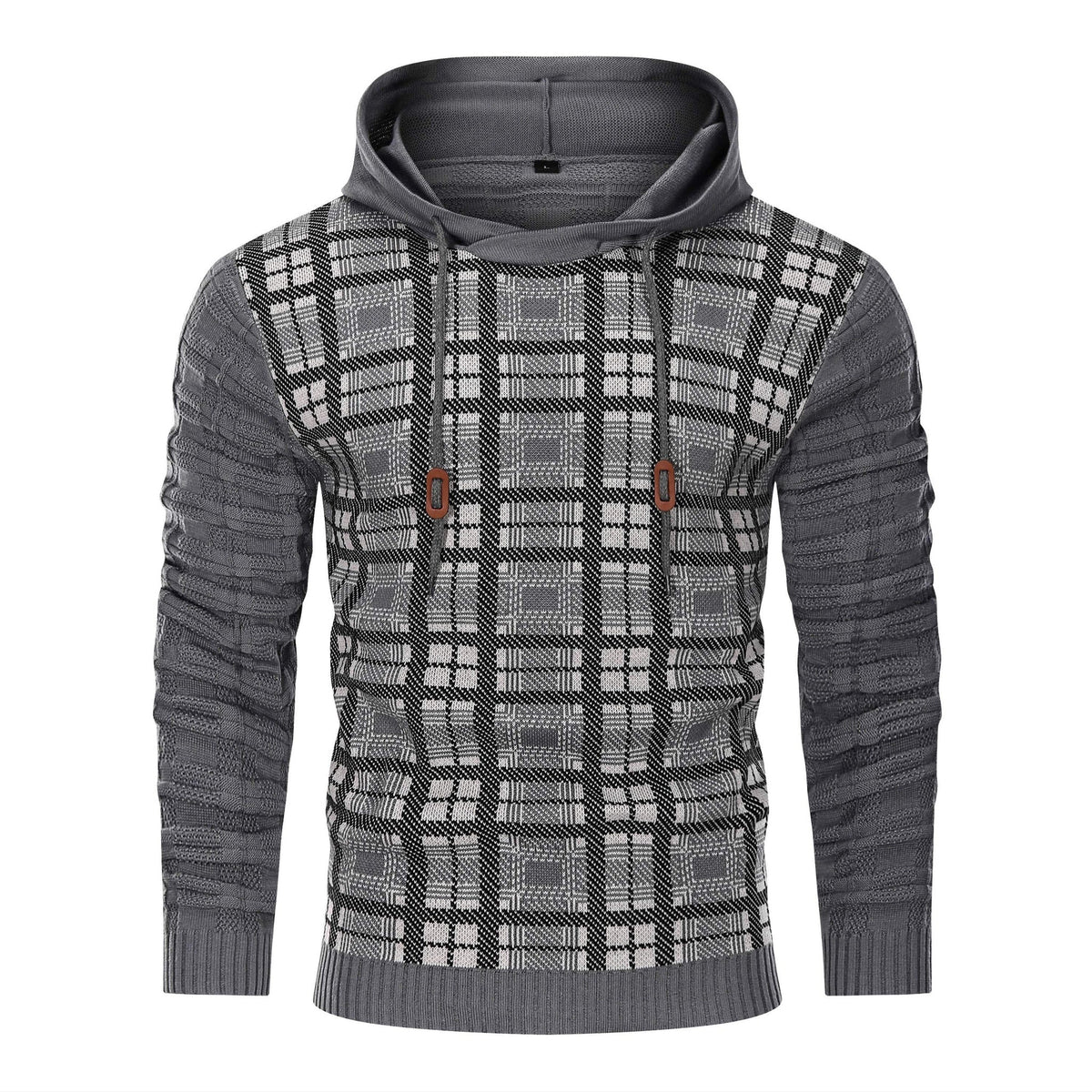 Men's Textured Knit Hoodie – Check Pattern Drawstring Hood