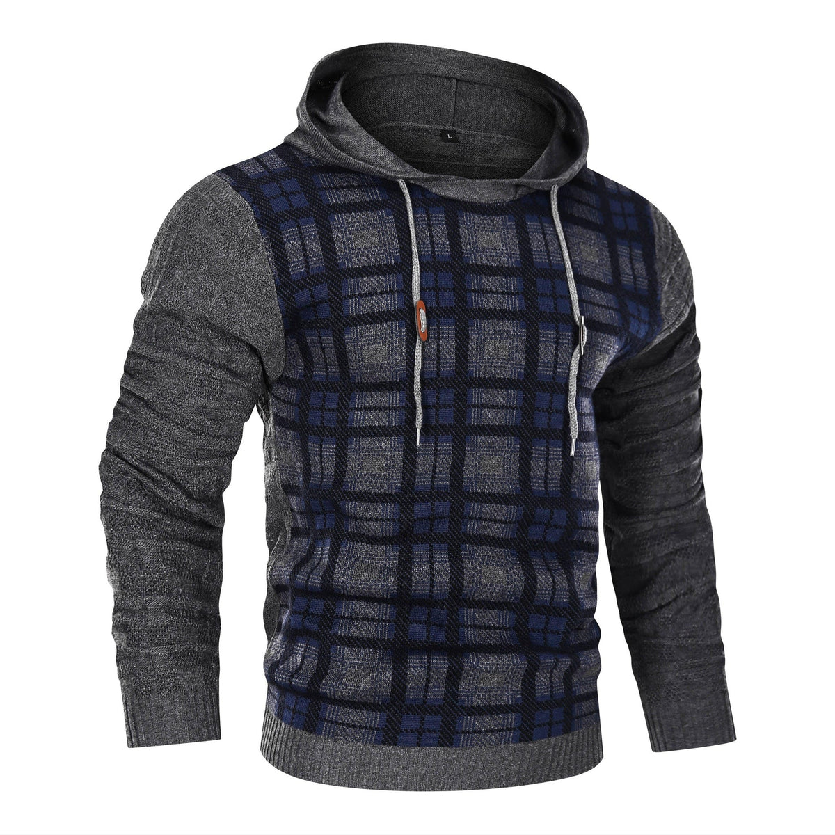 Men's Textured Knit Hoodie – Check Pattern Drawstring Hood